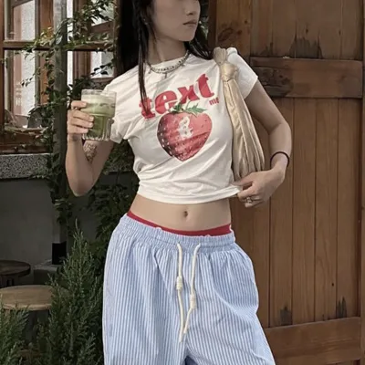 Y2K Women Fashion Printed Short-Sleeved Cropped T-Shirt