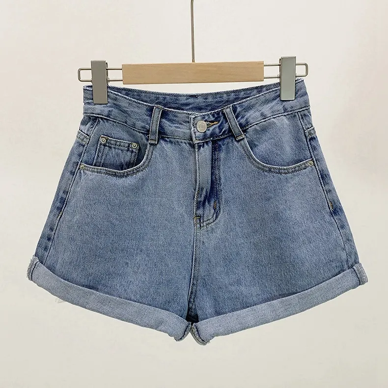 Women Minimalist Denim Shorts Wide Leg High Waist