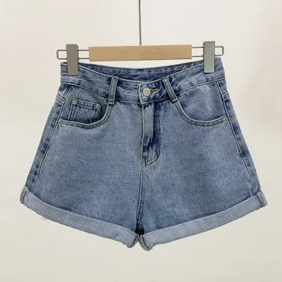 Women Minimalist Denim Shorts Wide Leg High Waist
