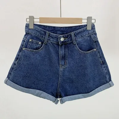 Women Minimalist Denim Shorts Wide Leg High Waist
