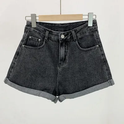 Women Minimalist Denim Shorts Wide Leg High Waist
