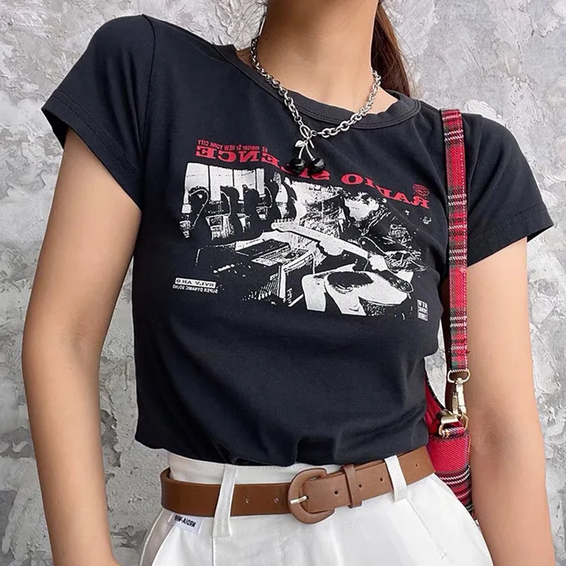 Women's Polyester Wave Collar Short Sleeve Letter Printed T-Shirt - Fresh Sweet Style