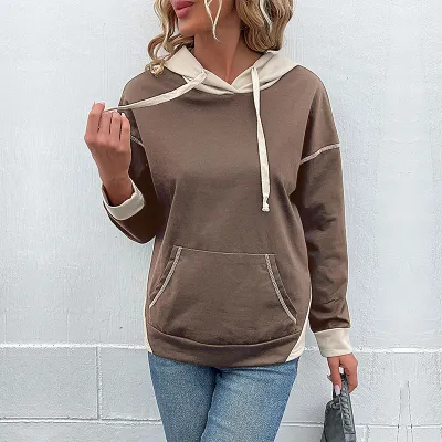 Women Casual Color Block Hoodie Long Sleeve Pullover Autumn Winter