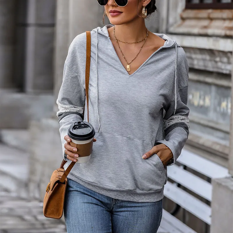 Women Casual Autumn Winter Splicing V-Neck Long Sleeve Hoodies
