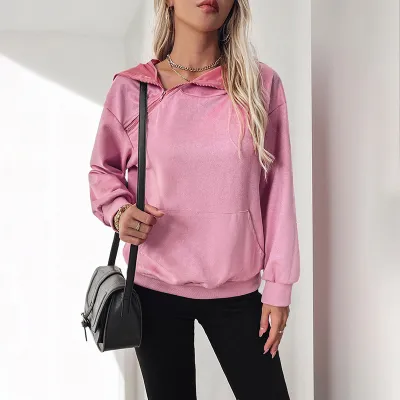 Women Casual Autumn Winter Velvet Zipper Hoodie Long-Sleeve Solid Color