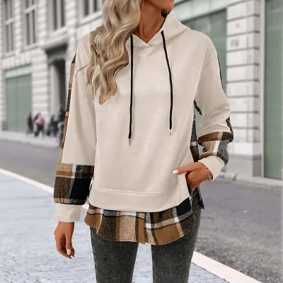 Women Casual Plaid Velvet Retro Long-Sleeve Hoodies