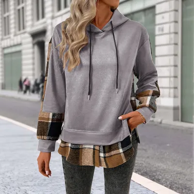 Women Casual Plaid Velvet Retro Long-Sleeve Hoodies