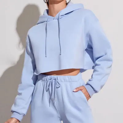 Autumn Winter Women Casual Solid Color Loose Cropped Hoodie