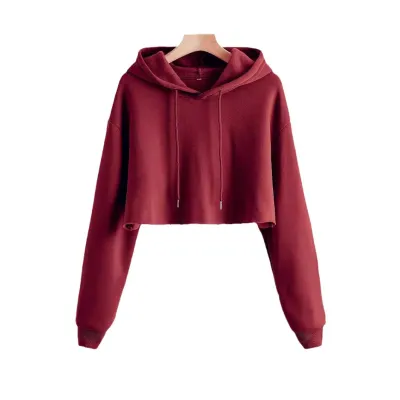 Autumn Winter Women Casual Solid Color Loose Cropped Hoodie