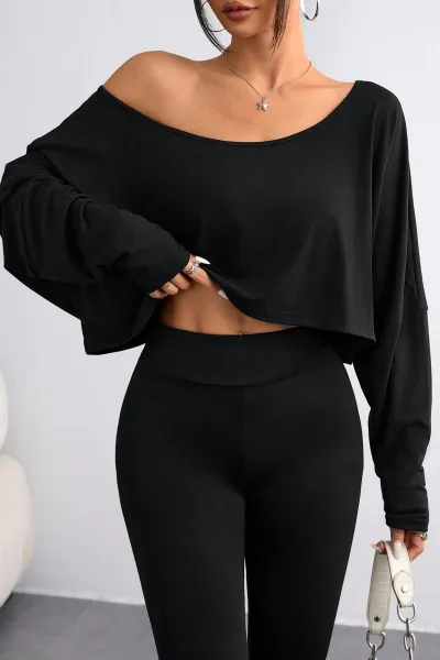 Women's Loose Fit Long Sleeve Cropped Top T-Shirt in Solid Color