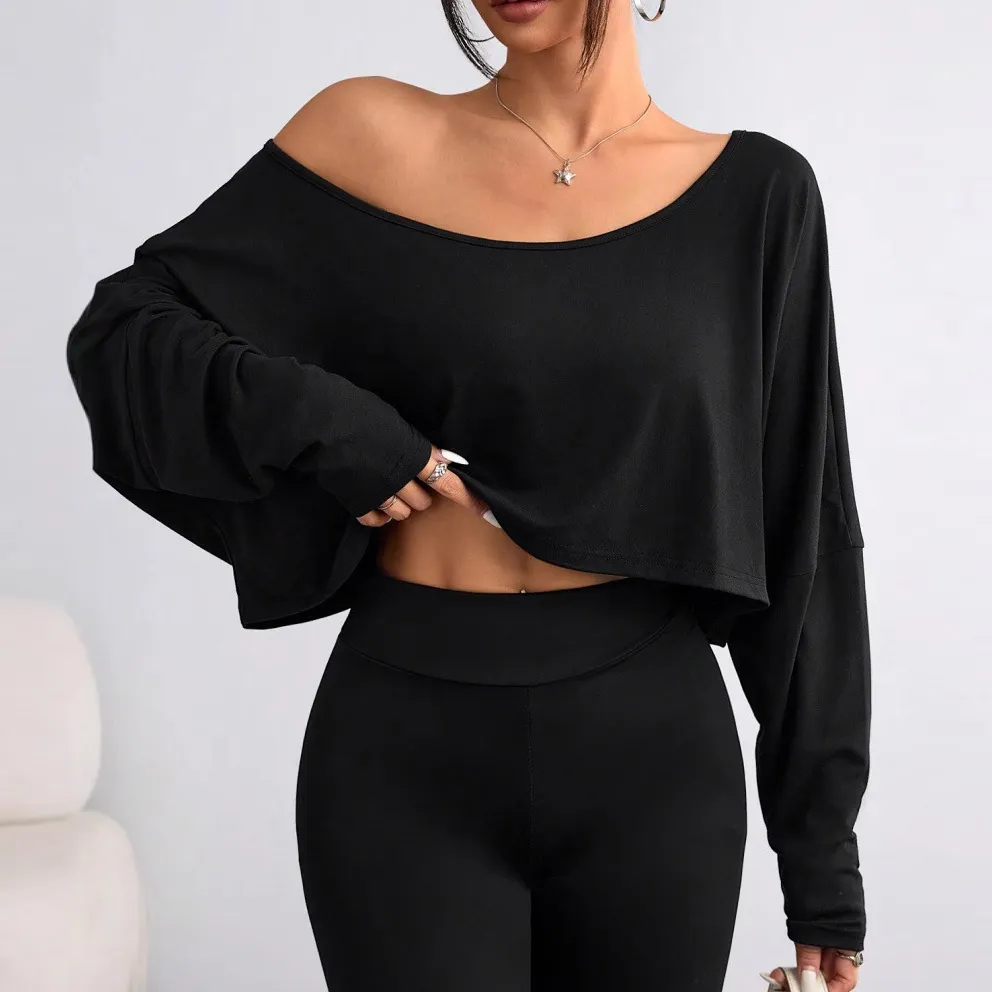 Women's Loose Fit Long Sleeve Cropped Top T-Shirt in Solid Color