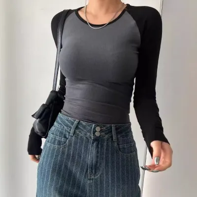 Women Simple Solid Color Contrast Long Sleeve T-Shirt