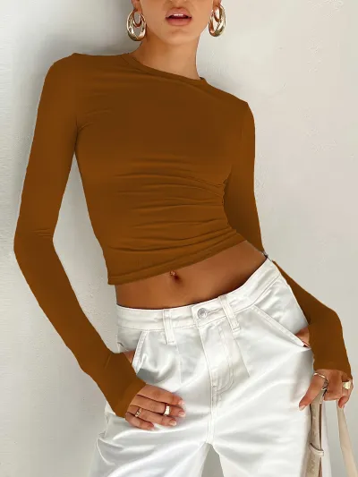 Women Slim Fit Solid Color Crewneck Long Sleeve Cropped Polyester Top
