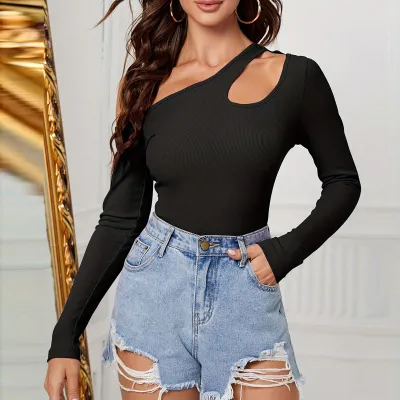 Women Fashion Solid Color Irregular Shoulder Long Sleeve T-Shirt