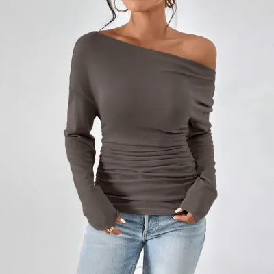 Women Fashion Solid Color Shoulder Long Sleeve T-Shirt