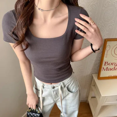 Women's Square Collar Cotton Short-Sleeved T-Shirt - Japanese Korean Leisure Style