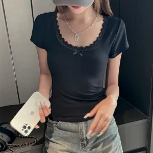 Women's Solid Color Lace Stitching T-Shirt with U Neck and Feifei Sleeve