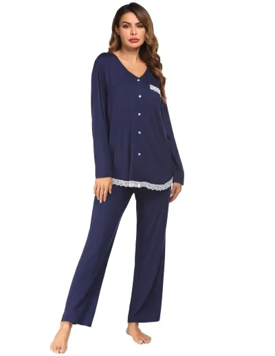 Women's Lace Stitching V-Neck Long Sleeve Top and Loose Pants Pajama Set