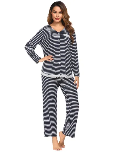 Women's Lace Stitching V-Neck Long Sleeve Top and Loose Pants Pajama Set