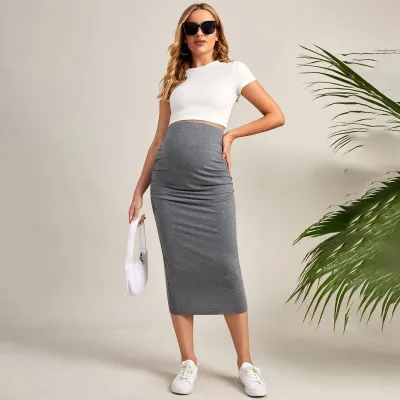 Pregnant Women Solid Color High Waist Slim-Fit Midi Skirt