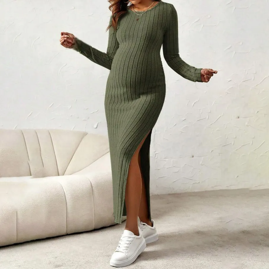 Pregnant Women Fashion Solid Color Knitted Long Sleeve Slim-Fit Split Dress