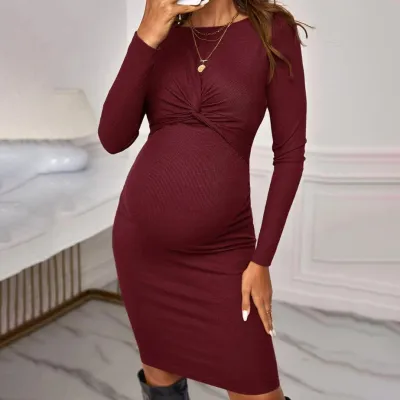 Pregnant Women Fashion Solid Color Knitted Long-Sleeve Slim-Fit Dress