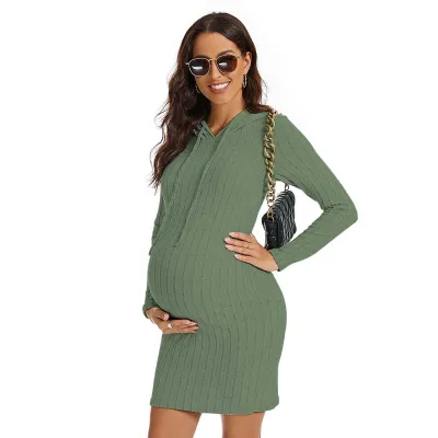 Pregnant Women Fashion Solid Color Knitted Long Sleeve Hooded Drawstring Slim Fit Dress