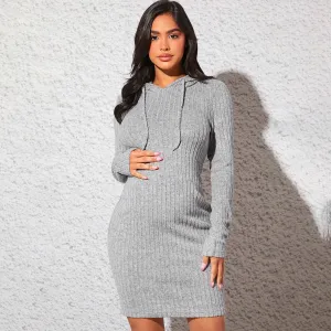 Pregnant Women Fashion Solid Color Knitted Long Sleeve Hooded Drawstring Slim Fit Dress