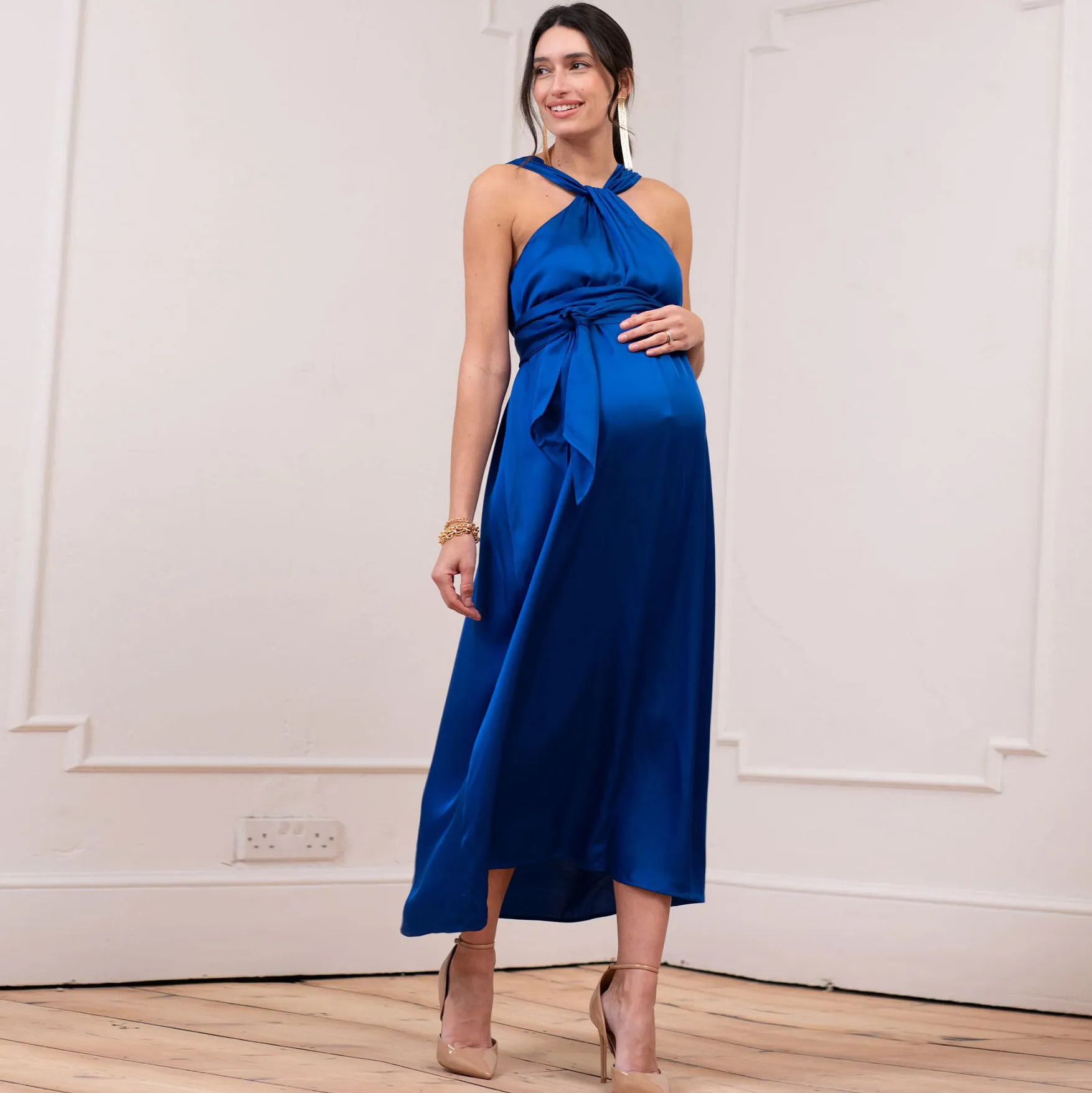 Pregnant Women Fashion Solid Color Halter-Neck Sleeveless Loose Dress