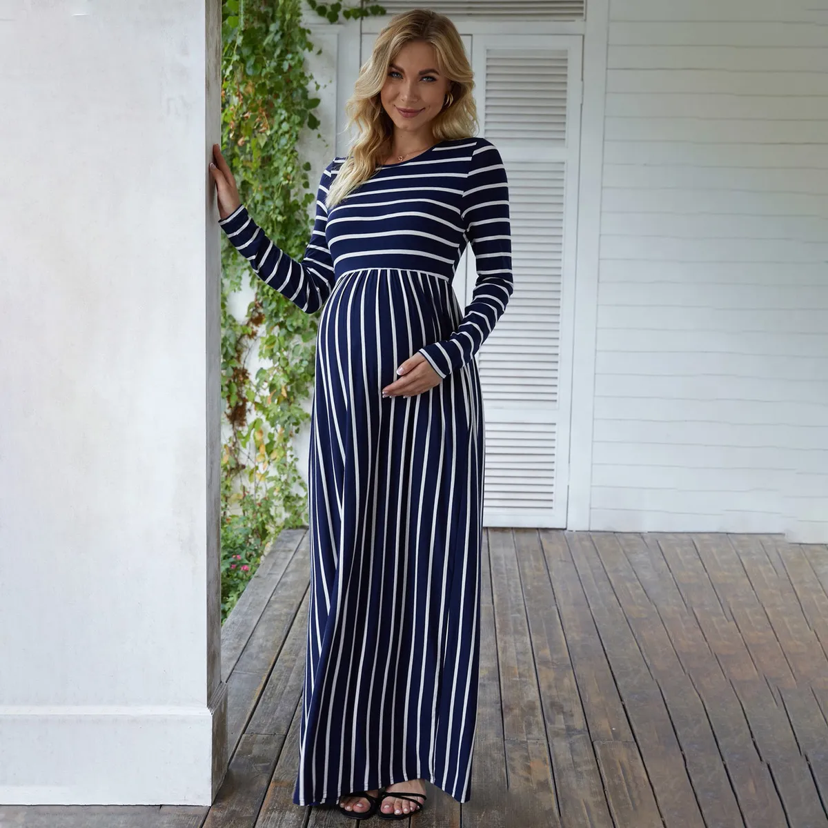 Pregnant Women Casual Stripe Long Sleeve Loose Dress