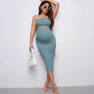 Pregnant Women Fashion Rib Knitted Crop Top Slim-Fit Skirt Two-Piece Set