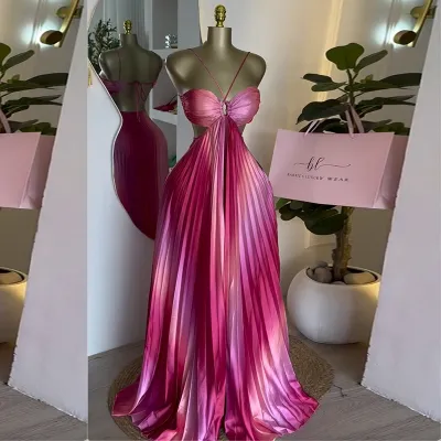 Women Fashion Sexy Gradient Pleated Halter-Neck Backless Maxi Dress