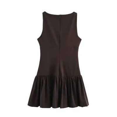 Women Fashion Casual Solid Color Sleeveless Pleated Dress