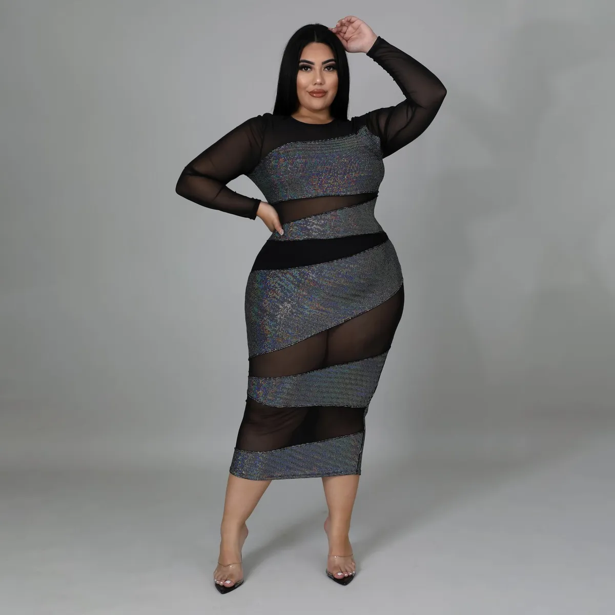 Women Fashion Sexy Plus Size Perspective Long Sleeve Slim Fit Dress