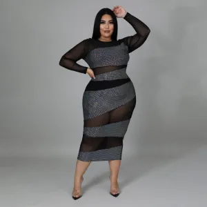 Women Fashion Sexy Plus Size Perspective Long Sleeve Slim Fit Dress