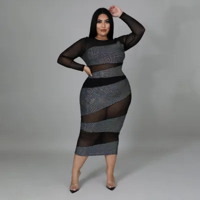 Women Fashion Sexy Plus Size Perspective Long Sleeve Slim Fit Dress