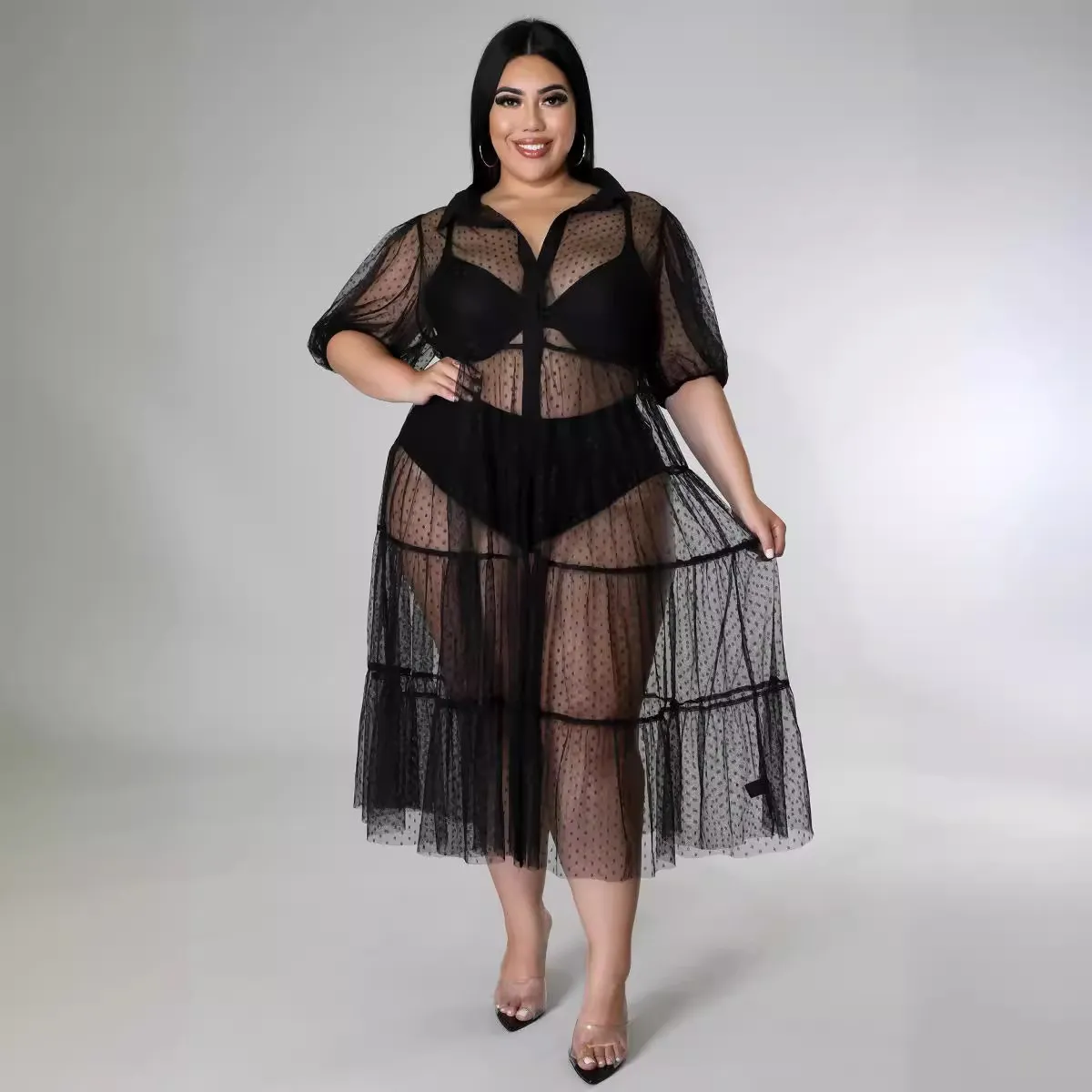 Women Fashion Sexy Plus Size Polka Dot Mesh Short-Sleeve Pleated Midi Dress