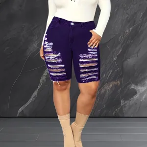 Women's Casual Plus Size Purple Ripped Denim Shorts - Street Style Mid-Waist Straight Leg