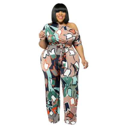 Women Fashion Plus Size Printed Slant Shoulder Short-Sleeve Jumpsuits