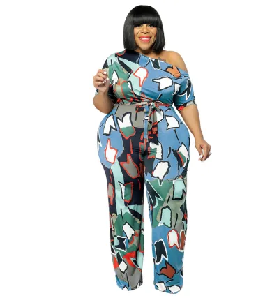 Women Fashion Plus Size Printed Slant Shoulder Short-Sleeve Jumpsuits