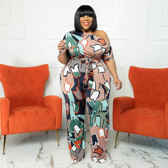 Women Fashion Plus Size Printed Slant Shoulder Short-Sleeve Jumpsuits