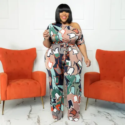 Women Fashion Plus Size Printed Slant Shoulder Short-Sleeve Jumpsuits