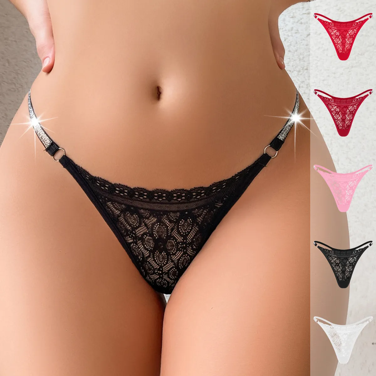 Women Fashion Sexy Solid Color Lace Stitching Low Waist Thong Panties