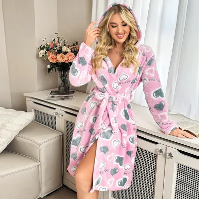 Women's Printed Plush Loose Long-Sleeve Lace-Up Hoodies Pajamas for Autumn and Winter