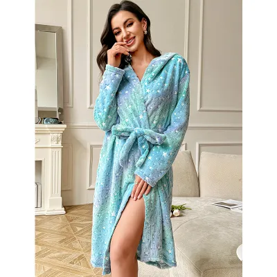 Women's Printed Plush Loose Long-Sleeve Lace-Up Hoodies Pajamas for Autumn and Winter