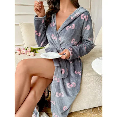 Women's Printed Plush Loose Long-Sleeve Lace-Up Hoodies Pajamas for Autumn and Winter