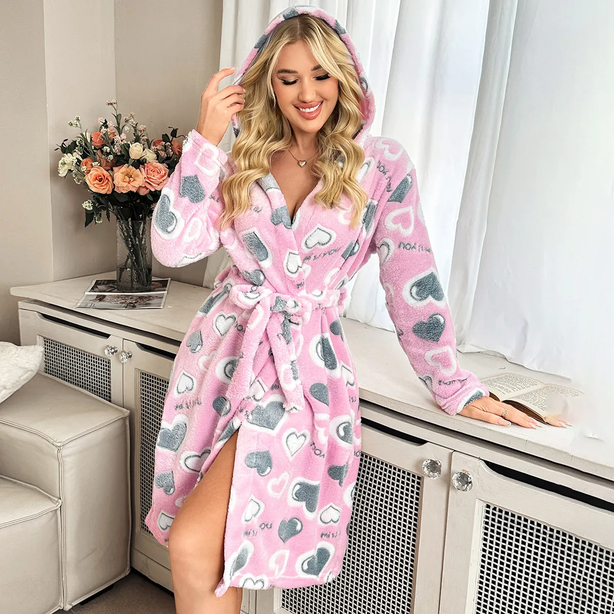 Women's Printed Plush Loose Long-Sleeve Lace-Up Hoodies Pajamas for Autumn and Winter