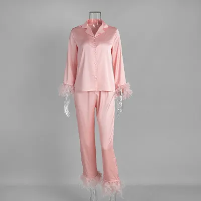 Women's Ice Silk Feather Lapel Long Sleeve Top and Loose Pants Pajama Set