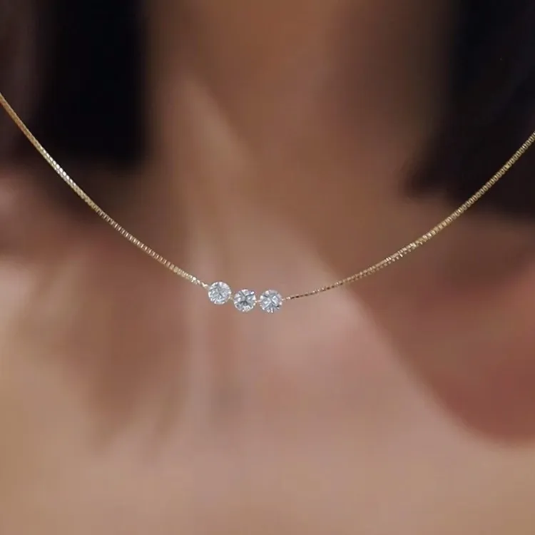 Women Fashion Simple Round Zircon Clavicle Chain Necklace Copper