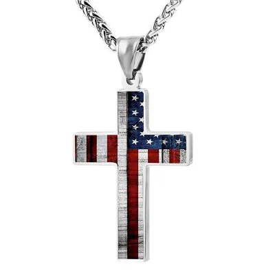 Men Stainless Steel Flag Cross Pendant Necklace Geometric Simple